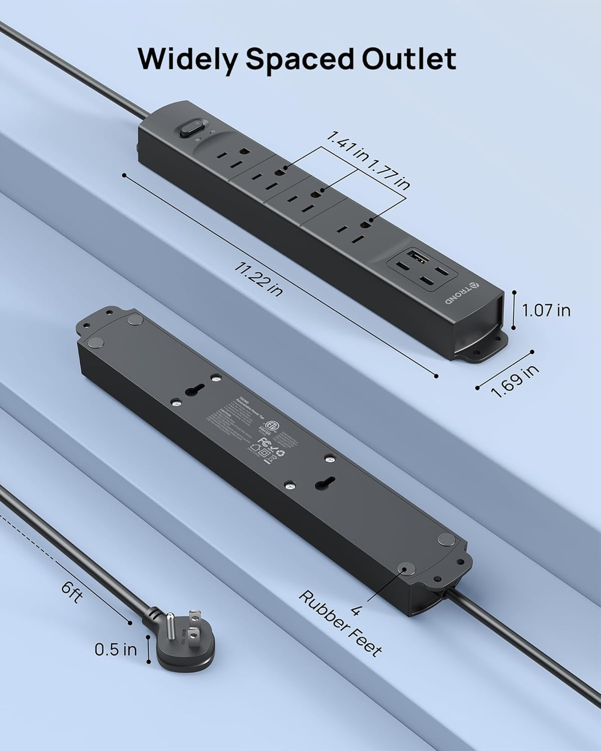 Power Strip Surge Protector Flat Plug, 4 AC Outlets & 4 USB Ports, 6Ft Long Extension Cord, 1440 Joules, Wall Mount for Workbench, Nightstand, Dresser, Home, Office, Desk, Black