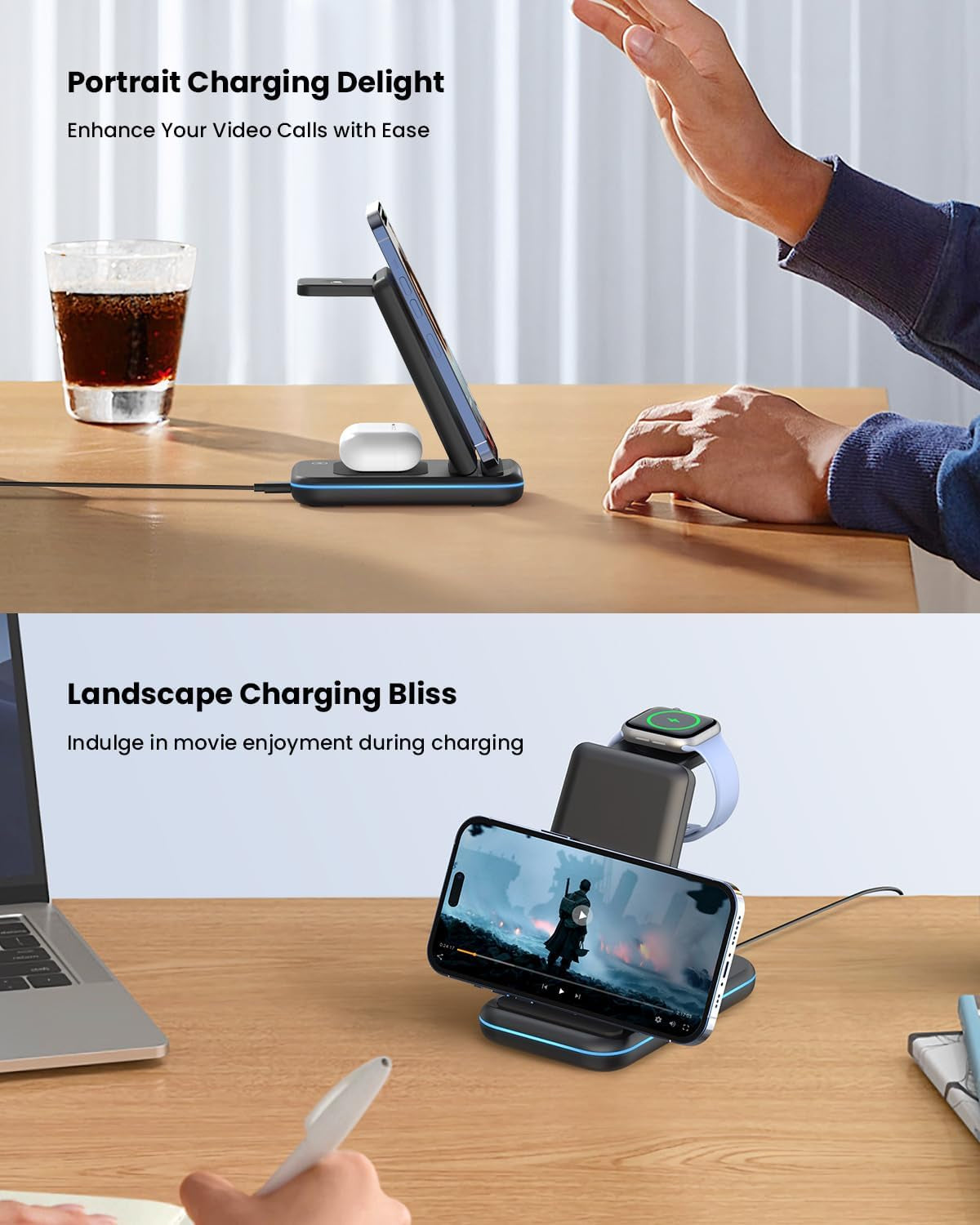 Wireless Charging Stand,  3 in 1 Wireless Charger Dock Station for Apple Watch 6 SE 5 4 3 2, Airpods 2/Pro, Iphone 13Pro Max/13 Pro/13/12/12Pro/11/11 Pro/X/Xr, Qi-Certified Phones