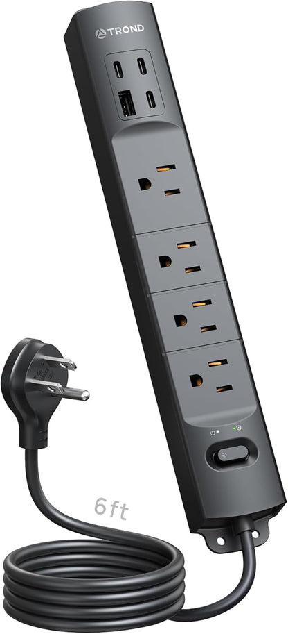 Power Strip Surge Protector Flat Plug, 4 AC Outlets & 4 USB Ports, 6Ft Long Extension Cord, 1440 Joules, Wall Mount for Workbench, Nightstand, Dresser, Home, Office, Desk, Black