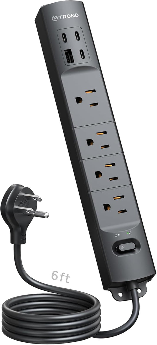Power Strip Surge Protector Flat Plug, 4 AC Outlets & 4 USB Ports, 6Ft Long Extension Cord, 1440 Joules, Wall Mount for Workbench, Nightstand, Dresser, Home, Office, Desk, Black